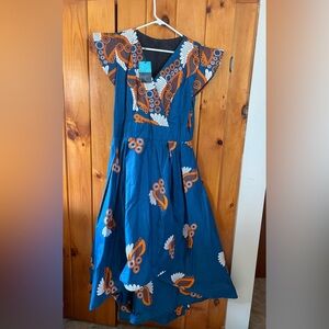 NWT Ray Darten Blue w/ orange & white Print Hi-loDress